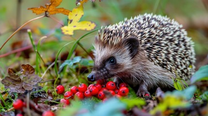 Fototapeta premium A hedgehog munching on berries in the wild. stock photo --ar 16:9 --style raw --v 6 Job ID: 4869108e-ab7f-479d-b95f-17e95f2c931b