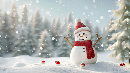 Fototapeta premium Winter Wonderland: Snowman in Snowy Forest Scene