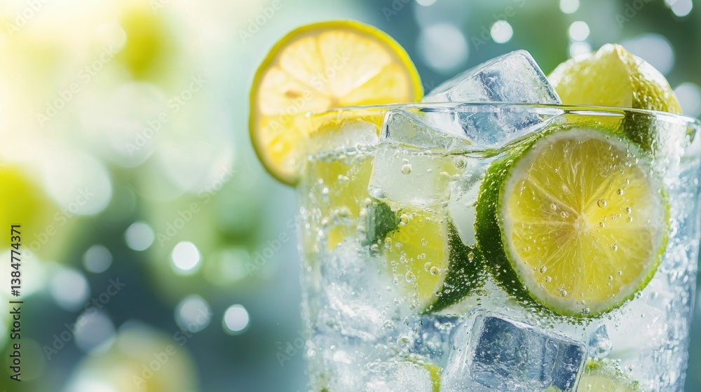 Poster refreshing lemonade with ice cubes and lime slices against a bright summer background perfect for ho