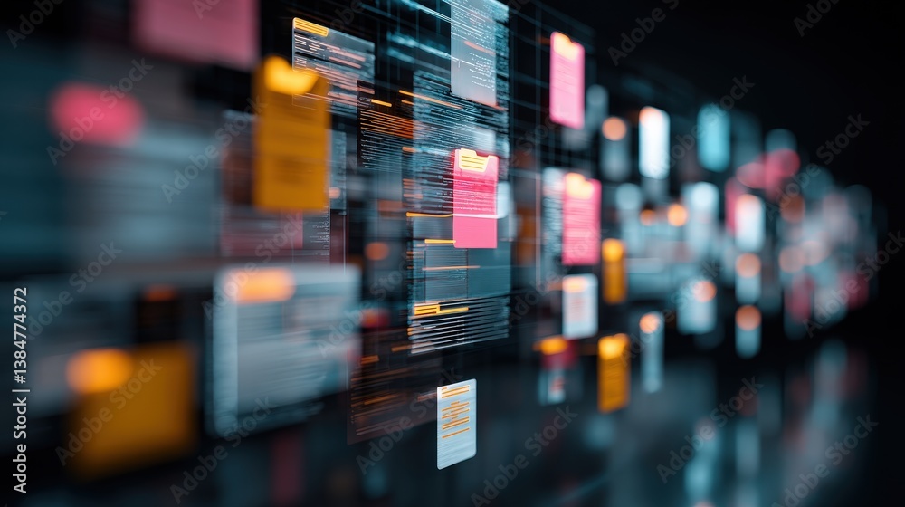 Poster abstract network grid with files and folders, futuristic software interface, digital document manage