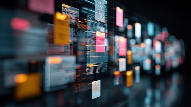 Abstract network grid with files and folders, futuristic software interface, digital document management system, store, search and organize documents, corporate business, paperless office	
