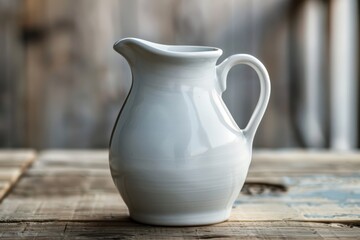 Elegant white ceramic pitcher on rustic wooden surface in soft natural light