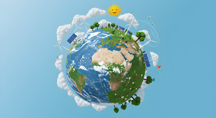 Pixelated Earth Globe Surrounded by Solar Panels Wind Turbines Clouds and a Smiling Sun on a Light Blue Sky