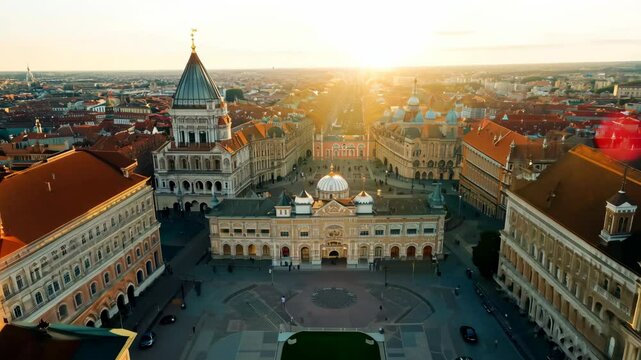 Panoramic view of historic European cityscape with towers and rooftops