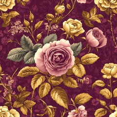 Elegant Floral Pattern with Vintage Roses on Deep Burgundy Background