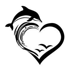 Heart shaped frame with jumping dolphins and water drops. illustration for the Dolphinarium. Dolphinarium design of logo. Cute friendly dolphin. Vector illustration