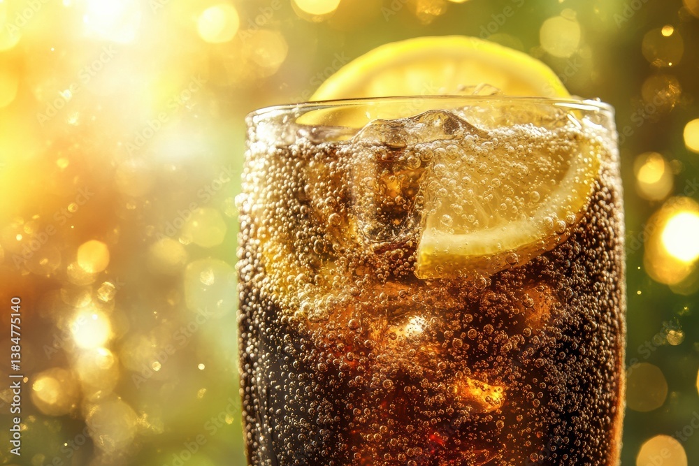 Aufkleber Refreshing ice-cold soda with fizzy bubbles and lemon slices against a bright background in a summer setting