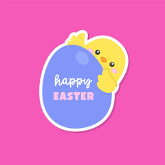 Easter Chick Hugging Blue Egg with Happy Easter Text