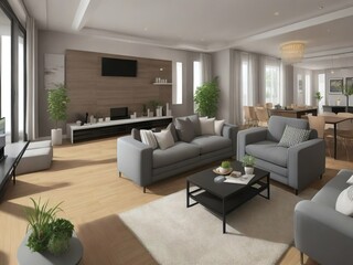 Fototapeta premium A large living room with a couch, two chairs, and a coffee table