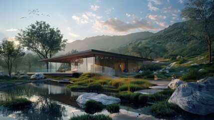Fototapeta premium Modern glass house with clean lines, blending seamlessly into the surrounding natural landscape -