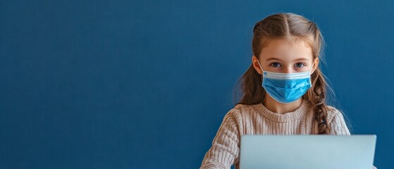 A young girl wearing a blue surgical mask sits at a desk with a laptop
