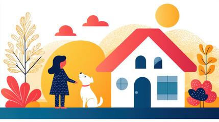 Naklejka premium Nice to meet you, A child joyfully meets a new puppy in a colorful flat illustration.