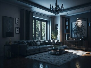 A dark room with a black couch and a black coffee table