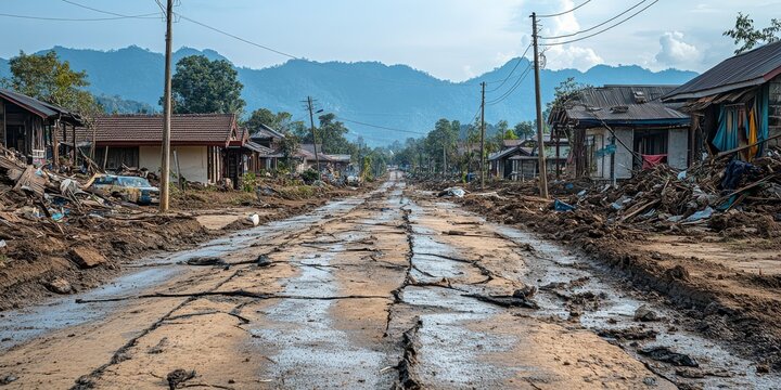 Devastated road and houses after earthquake in myanmar shows destruction