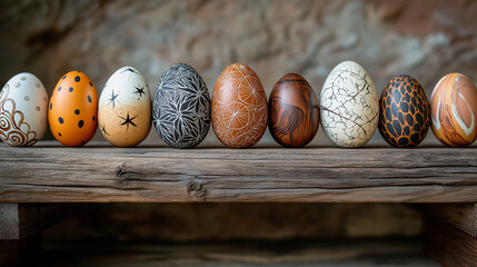 Fototapeta premium Woodland Wonders - A rustic wooden bench holds a collection of eggs designed with intricate nature-inspired patterns. 