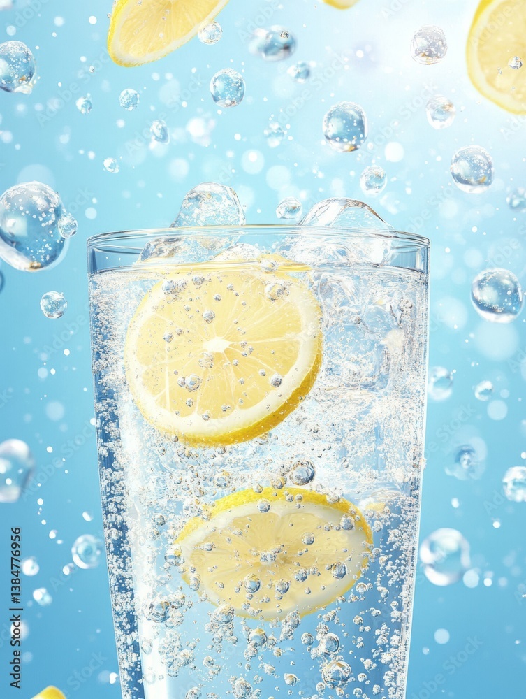 Poster Refreshing ice cold soda with lemon slices sparkling in a bright atmosphere showcasing fizzy bubbles and vibrant liquid effects