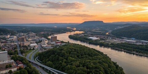 Obraz premium Chattanooga Tennessee Skyline Aerial View - Panoramic Cityscape at Sunset