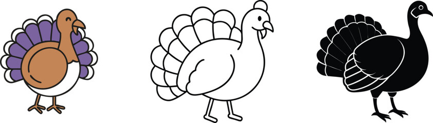 Three Turkeys Color, Outline, Silhouette Thanksgiving Birds