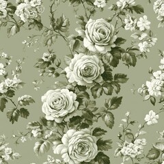Elegant Vintage Floral Pattern in Soft Green and Cream Tones