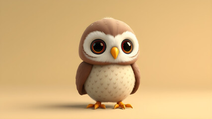 Obraz premium Baby owl, cartoon, tiny cute and adorable owl. 3D illustration Generative AI