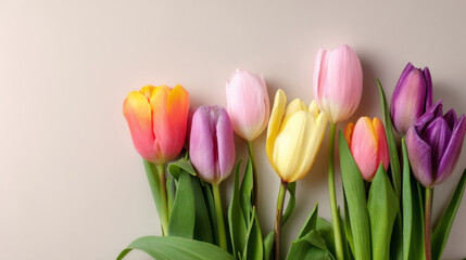 Fototapeta premium Bouquet of colorful tulips, flat lay with copy space