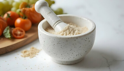 mortar and pestle with fresh herbs