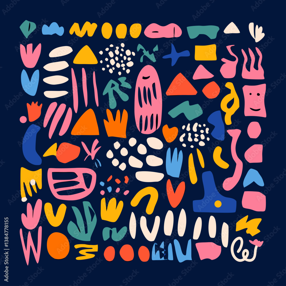 Poster abstract composition: a visually striking composition of colorful shapes and patterns, arranged in a