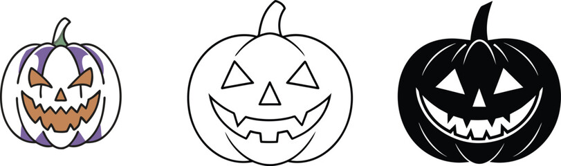 Halloween JackoLantern Pumpkins Carved, Outline, and Solid Black Designs