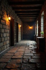 Fototapeta premium Dark wooden planks on a stone floor create an intimate atmosphere, dim lighting, interior