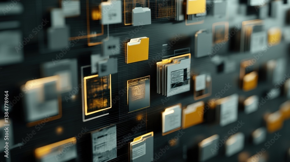 Poster abstract network grid with files and folders, futuristic software interface, digital document manage