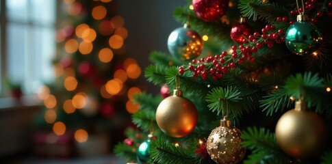 Obraz premium Decorated Christmas tree with colorful ornaments and garlands, gold bows, evergreen branches