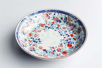 Decorative porcelain bowl with floral patterns arranged artistically on a minimalist surface