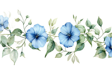 Watercolor floral border with blue flowers and green leaves on a transparent background design element