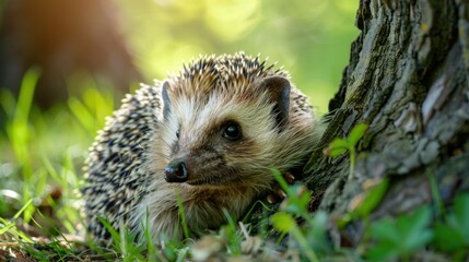 Fototapeta premium A hedgehog enjoying the shade of a garden tree. stock photo --ar 16:9 --style raw --v 6 Job ID: c7e0cc13-63c0-4dcf-beac-84856bc380ba