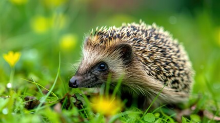 Fototapeta premium A hedgehog in a green garden after a spring rain. stock photo --ar 16:9 --style raw --v 6 Job ID: b6607e8b-e315-4750-afd0-9f6b7ab5d2ef