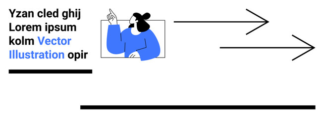 Woman gesturing upwards, accompanied by directional arrows, placeholder text, and bold lines. Ideal for creativity, concepts, navigation, guidance, education content layout simple landing page