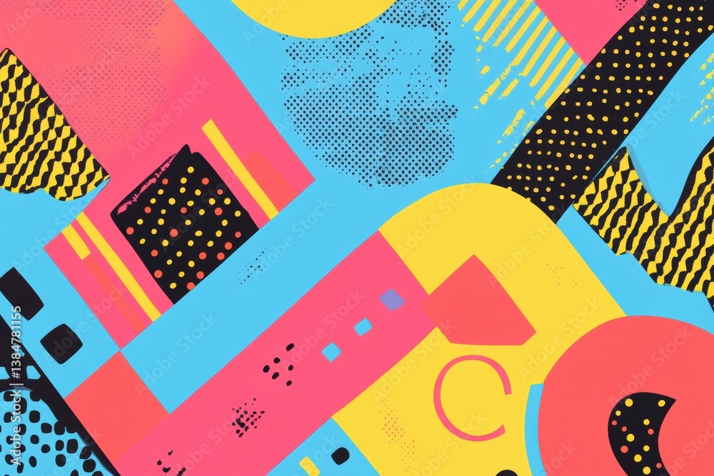 Aufkleber Retro Memphis style background featuring bold geometric shapes and vibrant colors creating a playful and dynamic visual experience