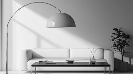 A contemporary arc floor lamp with a large dome shade arching over a minimalist coffee table in a monochrome living room with clean sharp lines