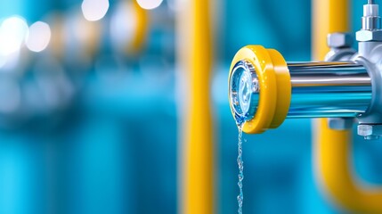 Close-Up of a Steel Pipe Dripping Water with Yellow Cap Against Blurred Turquoise Background