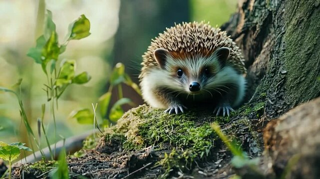 A shy little hedgehog curled into a ball, peeking out cautiously in a woodland setting.