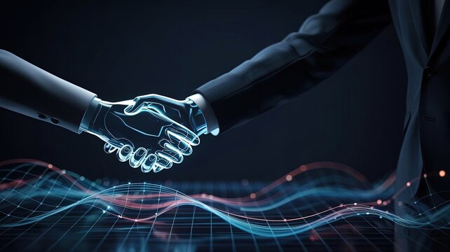 Digital Partnership: A futuristic handshake between human and digital entity symbolizes collaboration and technological advancement against a backdrop of glowing lines.