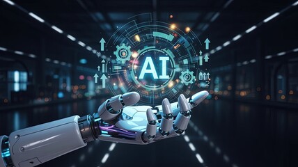 AI Hand Holding Futuristic Tech: An advanced robotic hand delicately cradles a glowing AI interface in a futuristic setting, representing the cutting edge of technological innovation.