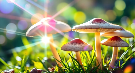 Fototapeta premium Nature of mushrooms in garden using as cover page background, created by generative ai