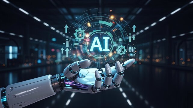 AI Hand Holding Futuristic Tech: An advanced robotic hand delicately cradles a glowing AI interface in a futuristic setting, representing the cutting edge of technological innovation.