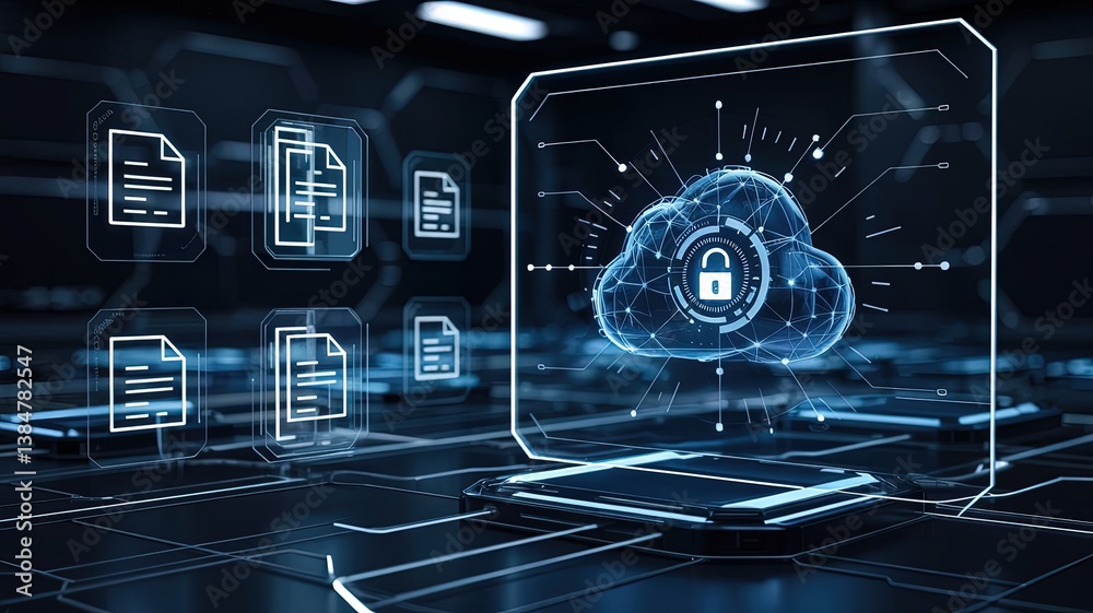 Poster secure cloud: digital representation of secure cloud computing, data protection and online security 
