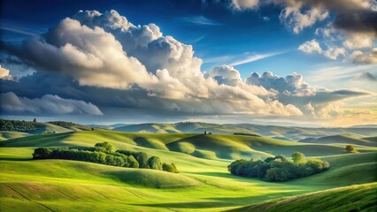 Serene Rolling Hills Under a Dramatic Sky A Pastoral Landscape of Verdant Meadows and Lush Greenery, Bathed in the Golden Light of Sunset