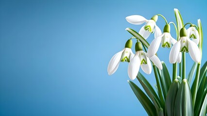Fototapeta premium A cluster of snowdrop flowers with white petals and green accents against a blue background. Concept Snowdrop Flowers, White Petals, Green Accents, Blue Background, Spring Bloom