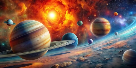 A vibrant cosmic panorama showcasing a planetary system orbiting a fiery nebula, with gas giants and celestial bodies exhibiting striking color variations and atmospheric details.