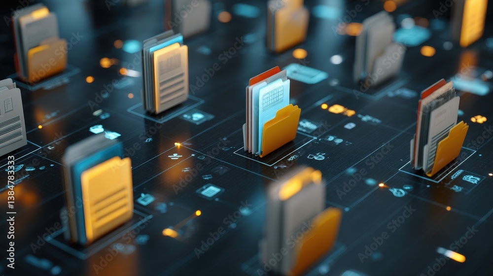 Poster abstract network grid with files and folders, futuristic software interface, digital document manage