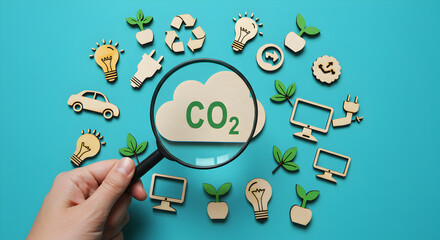 Hand Holds Magnifying Glass Over CO2 Cloud Surrounded by Pixel Art Icons on Turquoise Background